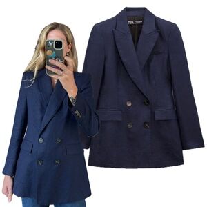 Zara Dark Navy Blue 100% Linen Long Double Breasted Lightweight Blazer Jacket